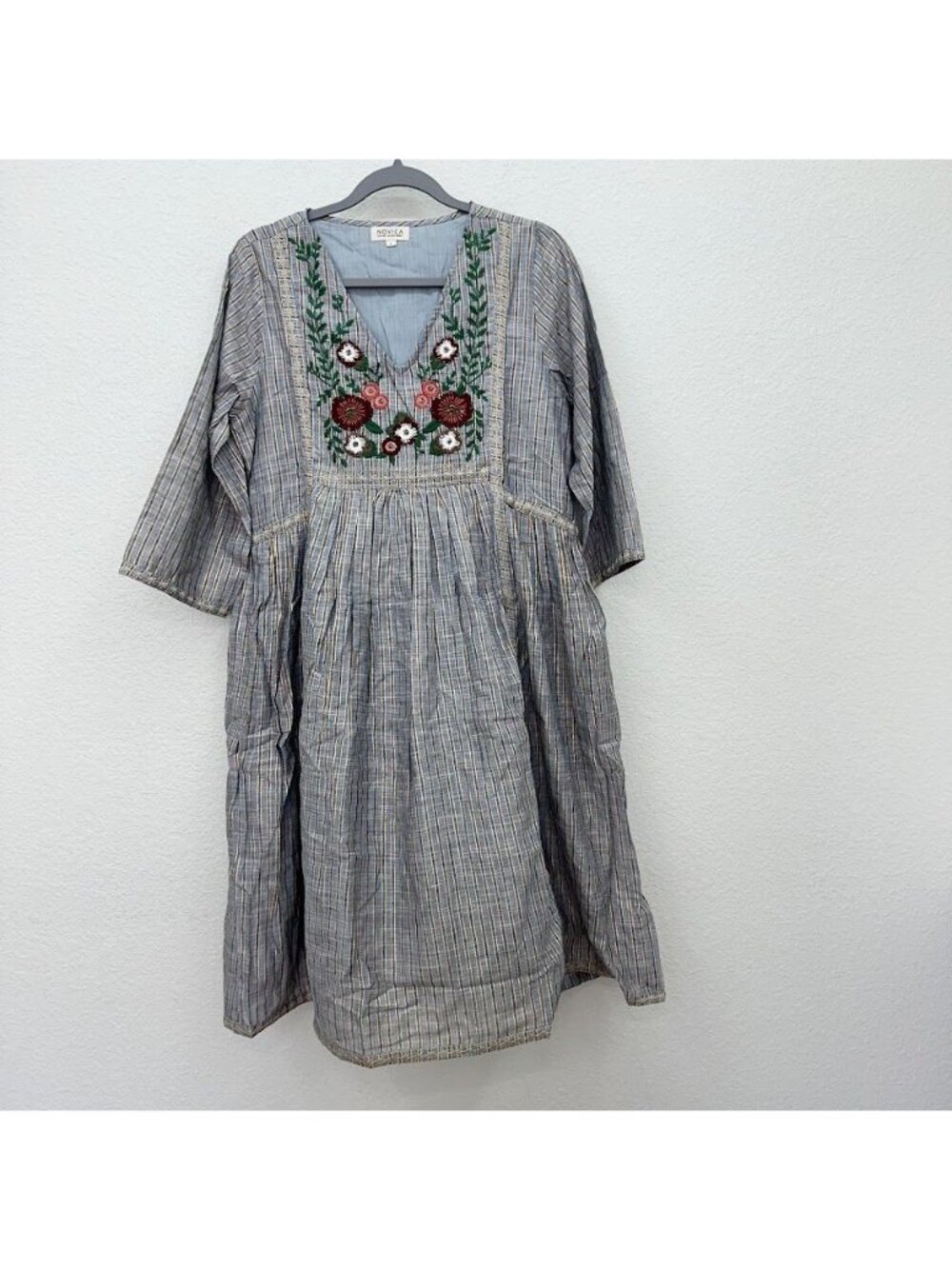 Novica Kajili Embroidered Cotton Short Sleeve Babydoll Dress Boho Womens Large
